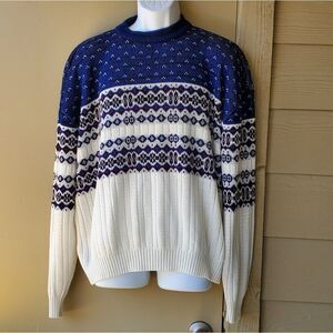 Vintage flat iron mills Blue White Fair Isle mens Grandpa Style crewneck Sweater